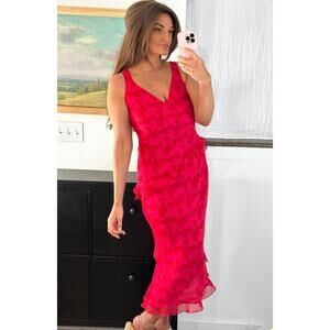 Y2k 90’s Red Pink Chiffon Ruffle Size 10 Midi Dress